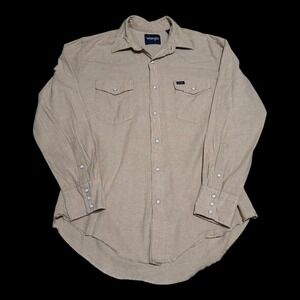 Vintage Wrangler Tan White Pearl Snap 100% Cotton Shirt Men's Large Western